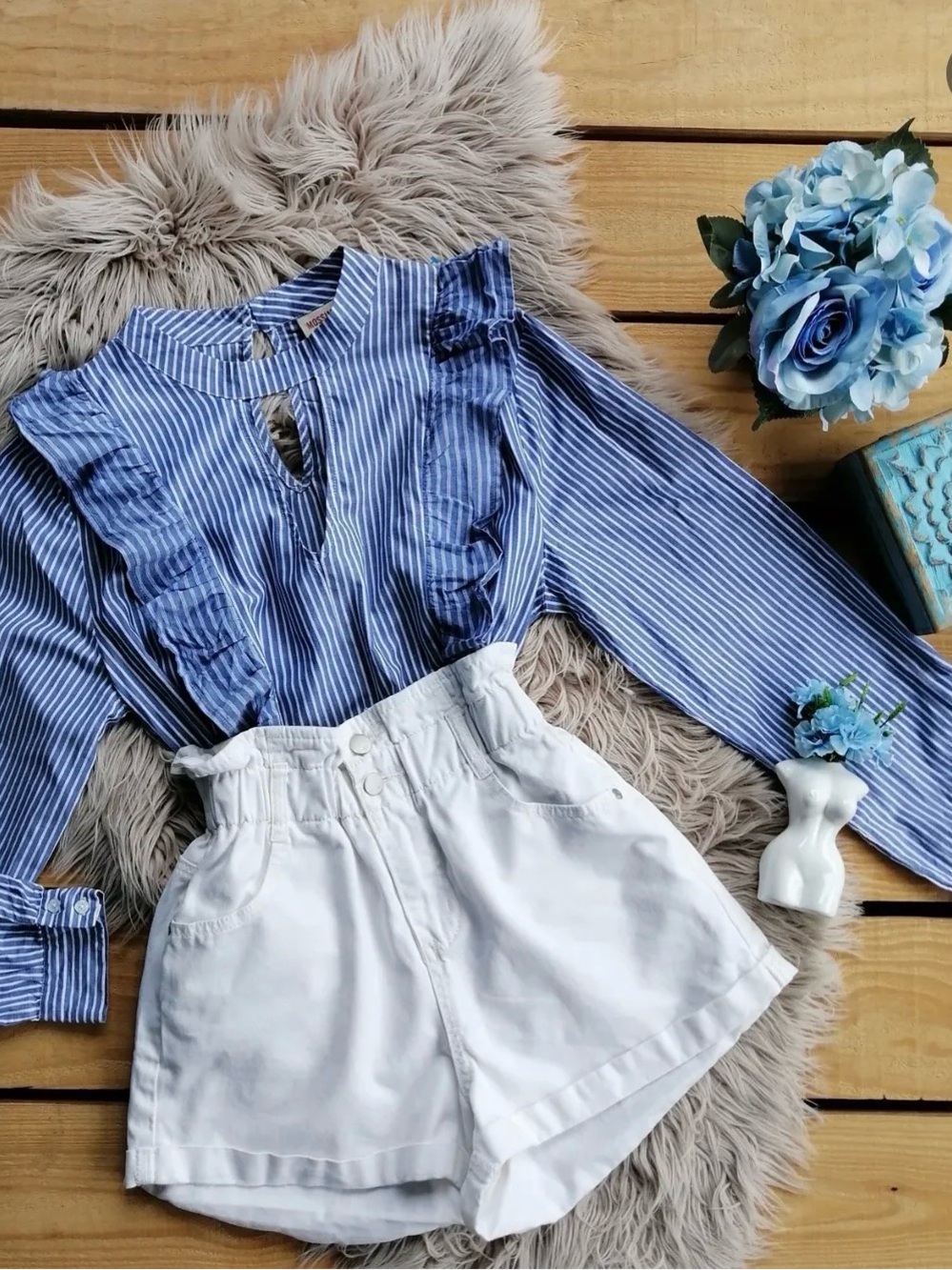 Blue Pinstripe Ruffle Blouse